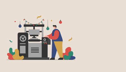 Worker operating a factory machine decorated for Christmas production