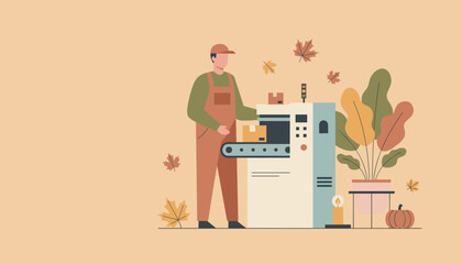 Factory worker preparing packages on a conveyor belt machine with autumn seasonal decor