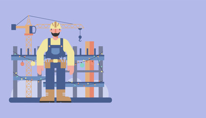 Builder on site decorated for Christmas Holiday construction and maintenance concept