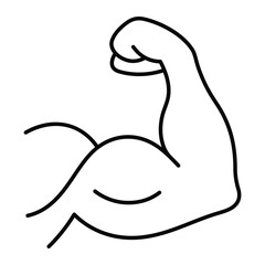 Flexed bicep arm vector icon. Black line art of muscular arm showing strength and power. Fitness, bodybuilding, and gym training symbol for health and sports design.