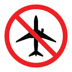 No airplane vector icon. Red prohibition circle over black aircraft silhouette. Flight ban, restricted airspace, or no flying zone symbol for travel warning and aviation safety design.