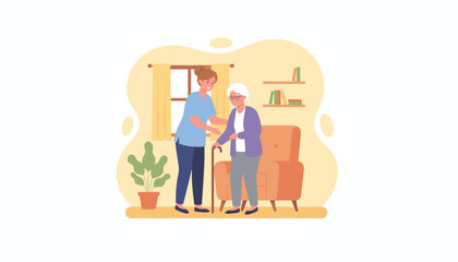 Caregiver assisting a senior woman with a cane in a living room illustrating home health and kindness