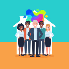 Diverse team collaboration and creativity within a house symbol representing real estate or home ideas