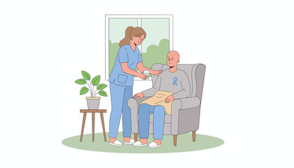 Caring nurse assists bald patient with purple ribbon Medical support home care compassion