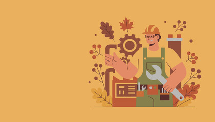 Skilled repairman holds wrench representing industry maintenance and essential services in autumn