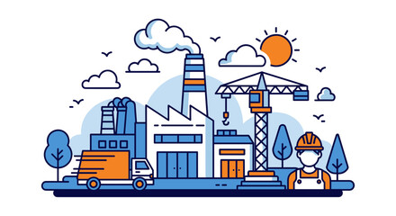 Industrial area illustration featuring a factory construction crane delivery truck and hardhat worker