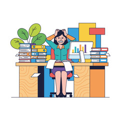 Overwhelmed worker stressed by excessive workload and deadlines at a messy office desk