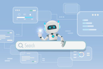AI chat robot on web searching bar and smart research system. Artificial Intelligence innovation technology as search engine to provide smart information and solution. Vector.