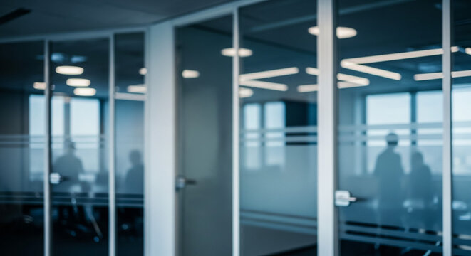 Modern office conference room with glass walls and blurred people inside view