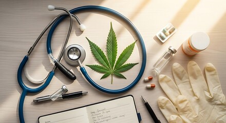 Medical Cannabis Concept with Stethoscope and Doctors Tools.