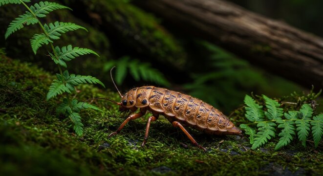 Closeup of a Giant Isopod resting on a mossy surface with fern leaves