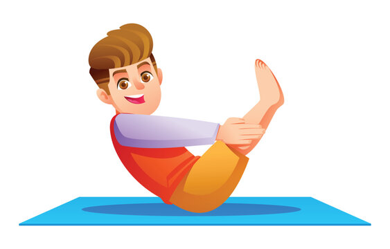 Happy boy practicing Boat Pose (Paripurna Navasana) on a mat. Kid doing a V-sit exercise for body control. Vector cartoon character illustration