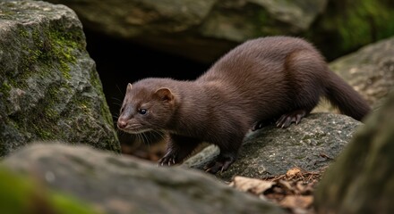 Obraz premium Captivating image of a mink navigating rocky terrain with mossy accents