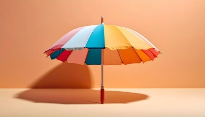 Vibrant multicolored umbrella casting a shadow against a muted peach backdrop
