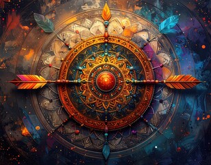 Ornate circular design with arrows and colorful feathers, detailed