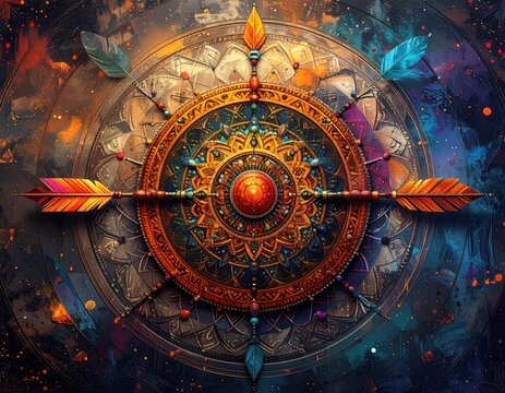 Ornate circular design with arrows and colorful feathers, detailed