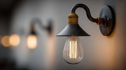Detail of modern wall-mounted bedside lamps with exposed bulbs in a cozy setting.