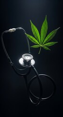 Medical Stethoscope and Cannabis Leaf on Dark Background.