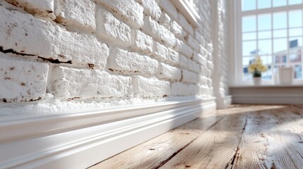 Freshly installed white baseboards against an exposed brick wall in a stylish interior setting.