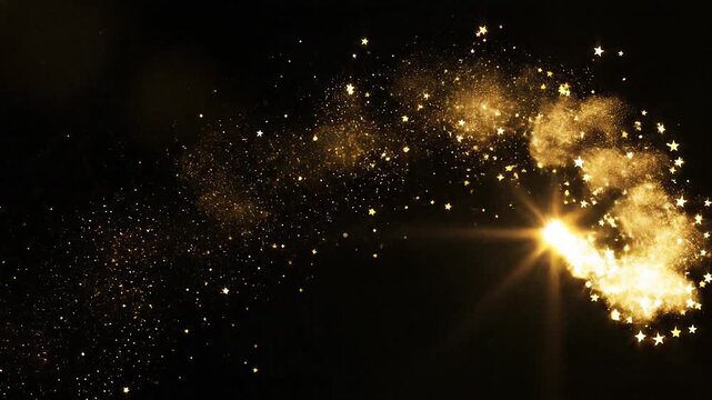Golden Stars Trail Moving Left to Right Curve with Twinkling Particles Floating. Firework Flying on Black Background Christmas Style Design Element Overlay Screen. Gold Dust Glowing 3d Animation 4k.