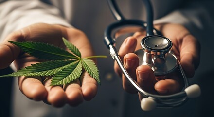 Doctors hands holding cannabis leaf and stethoscope, symbolizing medical marijuana.