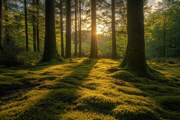 Obraz premium Enchanted Forest Floor Bathed in Golden Sunlight, Mossy Carpet and Towering Trees Provide Calm and Beauty.