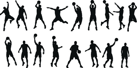 Basketball player silhouettes vector illustration, athletes dribbling shooting passing jumping defending with ball, sports activity icons, black outline design, minimal abstract style