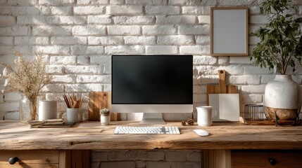 Minimalist home office desk setup featuring an exposed brick wall for a modern workspace aesthetic.