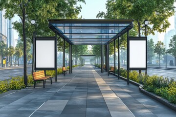 Obraz premium Cityscape Bus Stop with Blank Advertising Displays along Shady Pedestrian Walkway for Customizable Campaigns