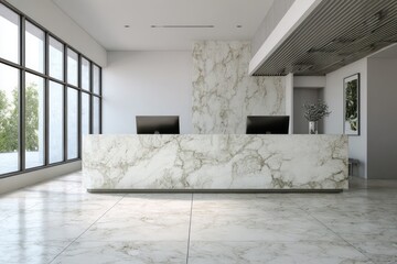 Modern reception desk with marble finish and computer displays.