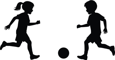Children silhouettes vector illustration, kids playing soccer running toward ball in active motion, black outline icons, childhood sports activity design, minimal abstract style