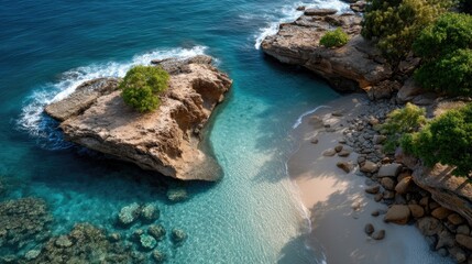 Top Down Aerial View of a Tropical Cove with a Heart Shaped Coral Formation and Crystal Clear Turquoise Water Bathed in Bright Sunlight and Lush Green Vegetation on Rocky Outcrops
