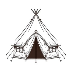 Line-art sketch of a classic camping tent with opening and windows