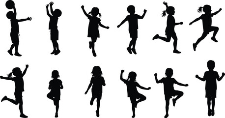 Children silhouettes vector illustration, kids running jumping dancing playing with ball in dynamic poses, black outline icons, childhood activity design, minimal abstract style