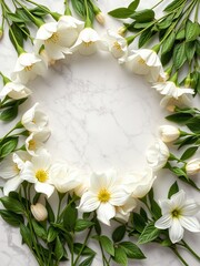 Delicate white flowers with yellow centers and vibrant green leaves are arranged in a circular frame on a textured white marble background, creating soft elegance.