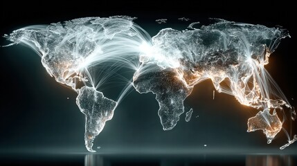 Global Network: A digital representation of the world map is intricately illuminated with glowing lines that symbolize global interconnectedness and communication.