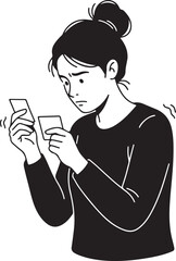  Anxious Woman Holding Cards - Black and white line art illustration depicting a distressed female feeling worried, stressed, or concerned while looking at small objects with trembling hands
