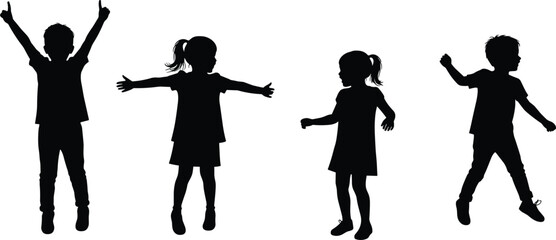 Children silhouettes vector illustration, kids standing jumping posing with playful gestures, black outline icons, childhood activity design, minimal abstract style, casual posture set