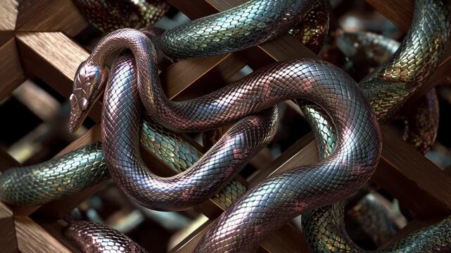 Close-up of iridescent snakes intertwined on wooden lattice