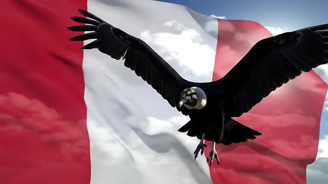 Andean condor flying gracefully over waving Peruvian flag in bright sky