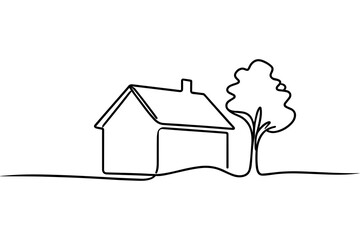 Minimalist one line house with tree illustration, continuous line art home design on white background