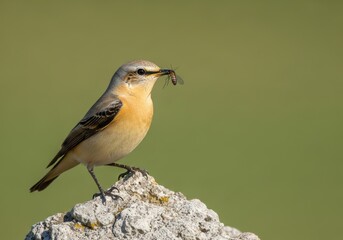 Fototapeta premium Wheatear Bird perched on a Rock Eating an Insect against Green Background