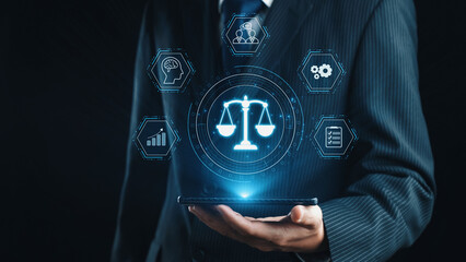 Futuristic digital law interface displaying justice scale, highlighting digital law, AI compliance, digital law systems, and digital law regulations for secure governance. Elide