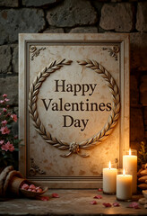 Elegant Valentine’s Day greeting on a carved stone plaque framed with laurel leaves, surrounded by candles and flower petals. Romantic vintage-style composition with warm candlelight ambiance.