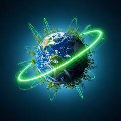 Futuristic eco concept art of planet Earth encircled by glowing green plants and energy lines