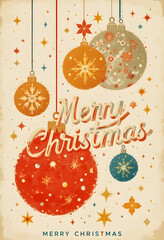 Vintage Merry Christmas illustration featuring colorful hanging ornaments, snowflakes, and festive stars on a textured beige background. Retro holiday greeting card design with warm nostalgic tones.