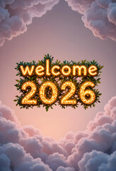 Bright “Welcome 2026” text made of glowing marquee lights surrounded by green leaves, floating among soft pink clouds in the sky. Festive and optimistic New Year celebration concept illustration.
