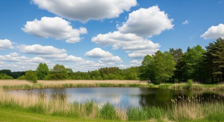 Scenic Tranquility: A Pond Reflecting Sky and Verdant Forest Landscape View