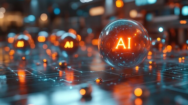 AI Spheres: Futuristic glowing spheres etched with AI symbols float amidst a network of digital circuits. This image captures the essence of artificial intelligence and technological advancement.