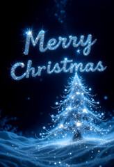 Glowing Christmas tree made of sparkling lights with “Merry Christmas” text in glittering blue on a dark snowy background. Festive winter holiday greeting concept in luminous style.